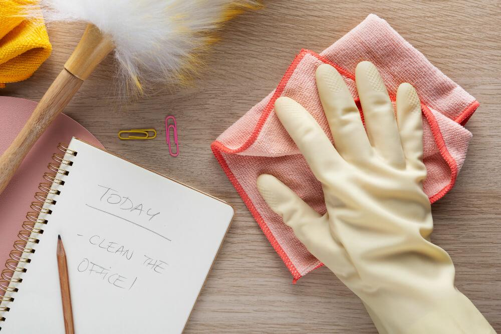 a hand with gloves wiping the desk with a piece of note on it