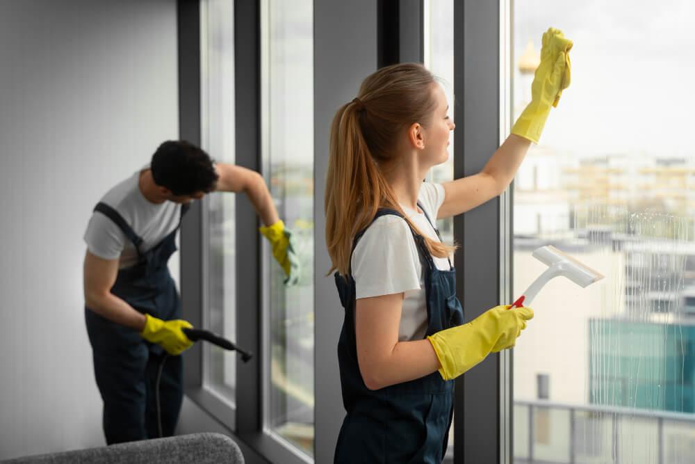 professional cleaners wiping the window